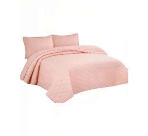 CUBRECAMA 2 PLAZAS CON DETALLES DE POMPONES COLOR ROSADO