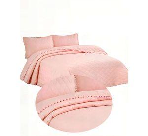 CUBRECAMA 2 PLAZAS CON DETALLES DE POMPONES COLOR ROSADO