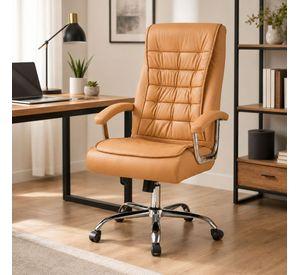 Silla Ejecutiva Magnus Caramelo  con Respaldo Alto Acolchado, Ruedas y Base Cromada para Oficina
