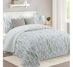 Cubrecama Quilt Sherpa 2pl - Varios Modelos W.m G Verde Gris Y Celeste Suave Hojas Y Ramas
