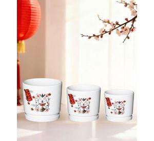 Set 3 Macetero Decorativo Diseño Gato Suerte Armonía Jhn