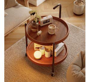 Mesa De Centro Lateral Living Redonda Doble Con Rueda Freno Color Marrón