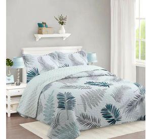 Cubrecama Quilt Sherpa 2pl Verde Gris Y Azul Petróleo Estampado Botánico