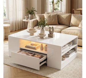 Mesa De Centro Con Luz 2 Cajones Living 95x55x37cm Brillante Color Blanco