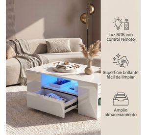 Mesa De Centro Con Luz 2 Cajones Living 95x55x37cm Brillante Color Blanco