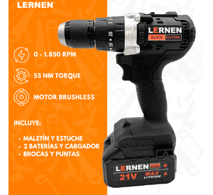 Taladro Percutor Black Edition Brushless LERNEN + Baterías + Bolso + Accesorios