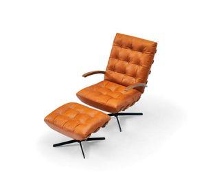 Set Swivel cuero caramelo – Poltrona y apoya pies estructura fresno natural y base metálica