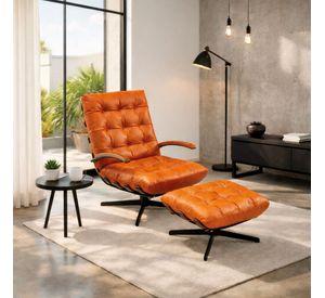 Set Swivel cuero caramelo – Poltrona y apoya pies estructura fresno natural y base metálica