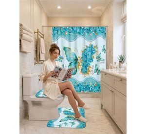 Set De Baño 4 Piezas Cortina Impermeable, Alfombras Y Funda De Inodoro m7