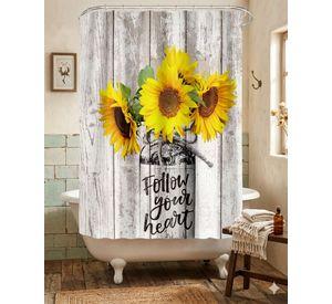 CORTINA DE BAÑO DE TELA IMPERMEABLE MAS FORRO CON DISEÑO DE FLORES AMARILLA