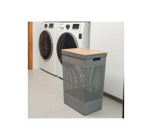Cesta de Ropa Grid Con Tapa De Bambú 49 L Negro