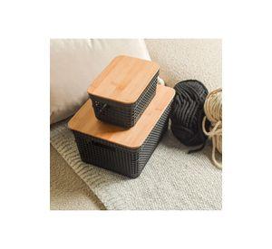 Cesta Organizadora Grid Con Tapa De Bambú 2.5 L Negro
