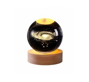 Lámpara Bola De Cristal Galaxia 3d Luces Led Base Madera