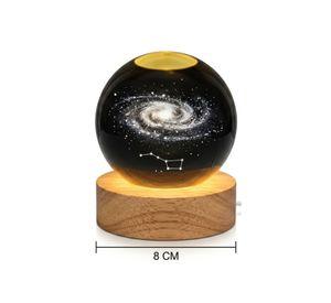 Lámpara Bola De Cristal Galaxia 3d Luces Led Base Madera