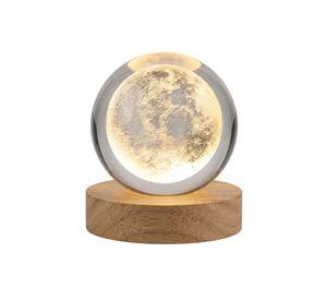 Adorno Lámpara Esfera Luna 3d Led Usb Vidrio Base Madera