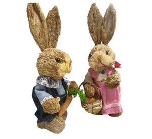 Estatuilla Conejitos Pareja De Paja Ornamento Pascua Pequeña