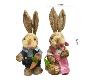 Estatuilla Conejitos Pareja De Paja Ornamento Pascua Pequeña