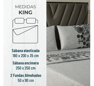 Juego sabanas casatua estampadas flores king color gris