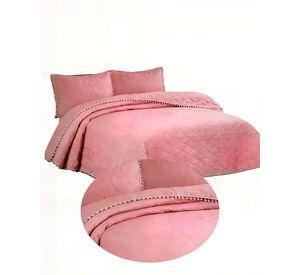 CUBRECAMA KING CON DETALLES DE POMPONES COLOR ROSADO OSCURO