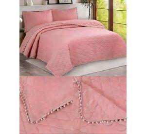 CUBRECAMA KING CON DETALLES DE POMPONES COLOR ROSADO OSCURO