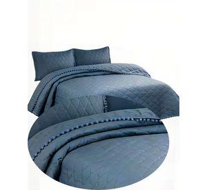 CUBRECAMA CON DETALLES DE POMPONES 2 PLAZAS COLOR AZUL