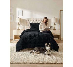Cobertor Textura Trenzada + Sherpa  1.5 plaza gris