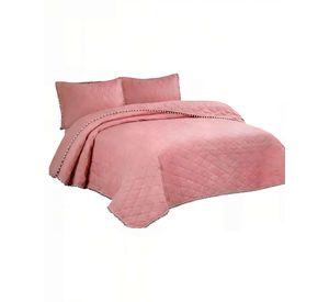 CUBRECAMA 2 PLAZAS CON DETALLES DE POMPONES COLOR ROSADO OSCURO