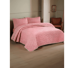 CUBRECAMA 2 PLAZAS CON DETALLES DE POMPONES COLOR ROSADO OSCURO