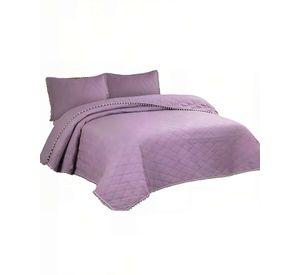 CUBRECAMA 2 PLAZAS CON DETALLES DE POMPONES COLOR MORADO