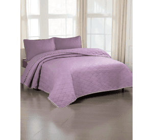 CUBRECAMA 2 PLAZAS CON DETALLES DE POMPONES COLOR MORADO