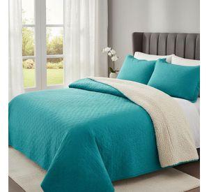 Cubrecama Quilt Sherpa 2pl - Varios Modelos W.m G Turquesa Sólido Moderno Y Minimalista