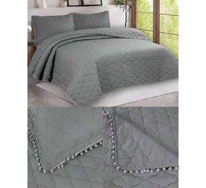 CUBRECAMA CON DETALLES DE POMPONES 1,5 PLAZA COLOR GRIS