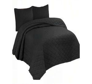 CUBRECAMA KING CON DETALLES DE POMPONES COLOR NEGRO