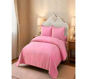 QUILT CUBRECAMA DE VERANO 2 PLAZAS CON POMPON COLOR ROSADO