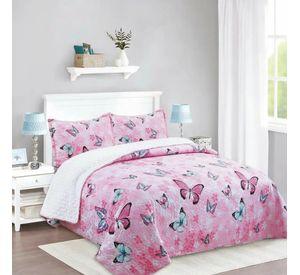 Cubrecama Quilt Sherpa 2pl Rosa Celeste Y Negro Mariposas Multicolor