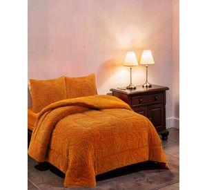 CUBRECAMA CON RELIEVE EN FORMA DE HOJAS 2 PLAZAS COLOR NARANJA