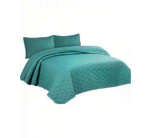 CUBRECAMA 2 PLAZAS CON DETALLES DE POMPONES COLOR VERDE