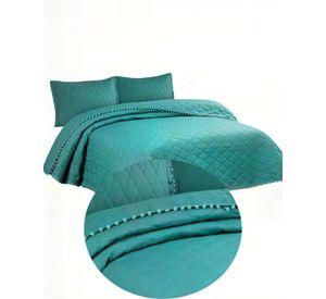CUBRECAMA KING CON DETALLES DE POMPONES COLOR VERDE