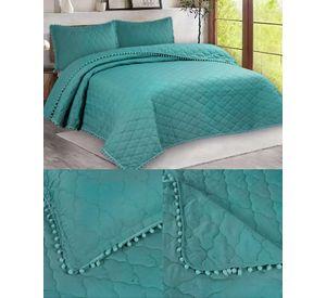 CUBRECAMA KING CON DETALLES DE POMPONES COLOR VERDE
