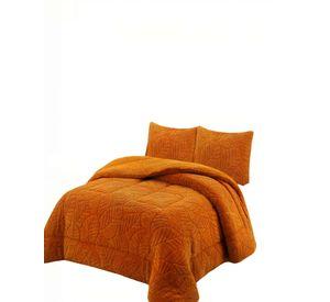 CUBRECAMA CON RELIEVE EN FORMA DE HOJAS 2 PLAZAS COLOR NARANJA