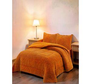 CUBRECAMA CON RELIEVE EN FORMA DE HOJAS 2 PLAZAS COLOR NARANJA