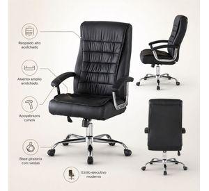 Silla Ejecutiva Magnus Negra con Respaldo Alto Acolchado, Ruedas y Base Cromada para Oficina