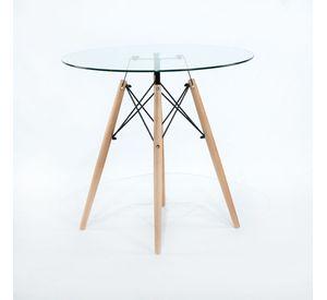 Mesa Eames Redonda 80 cm Cubierta de Vidrio Templado y Patas de Madera de Haya