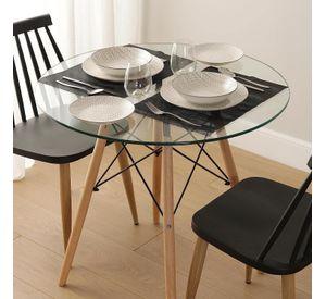 Mesa Eames Redonda 80 cm Cubierta de Vidrio Templado y Patas de Madera de Haya