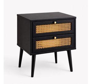 Velador Negro 2 Cajones Con Rattan 40x40x62 Cm