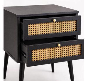 Velador Negro 2 Cajones Con Rattan 40x40x62 Cm