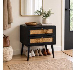 Velador Negro 2 Cajones Con Rattan 40x40x62 Cm