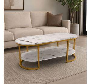 Mesa de Centro 2 Niveles Blanca con Vetas Tipo Mármol y Estructura Dorada para Living