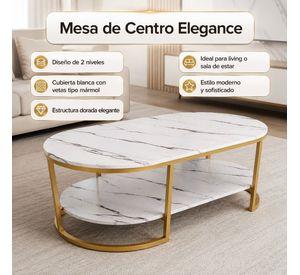 Mesa de Centro 2 Niveles Blanca con Vetas Tipo Mármol y Estructura Dorada para Living