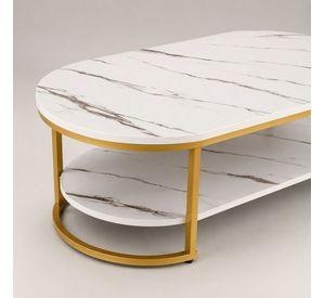 Mesa de Centro 2 Niveles Blanca con Vetas Tipo Mármol y Estructura Dorada para Living